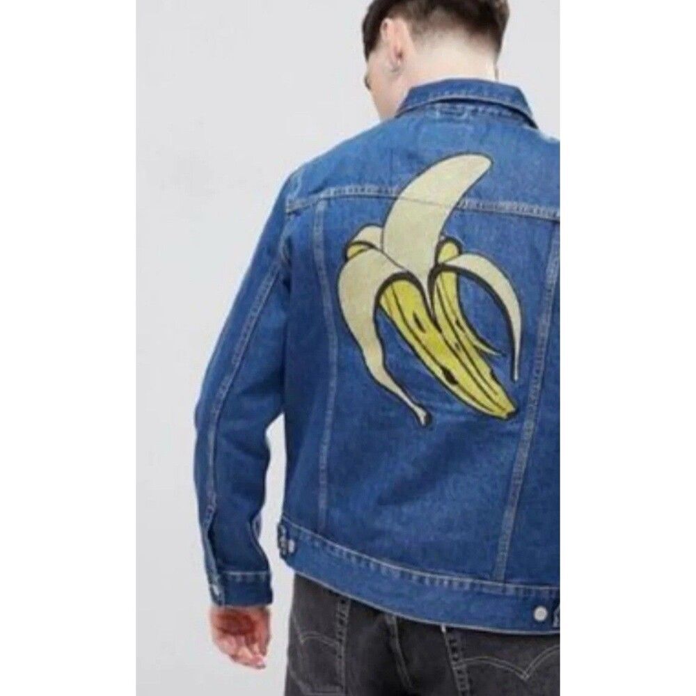 Weekday denim jacket with a large banana graphic on the back